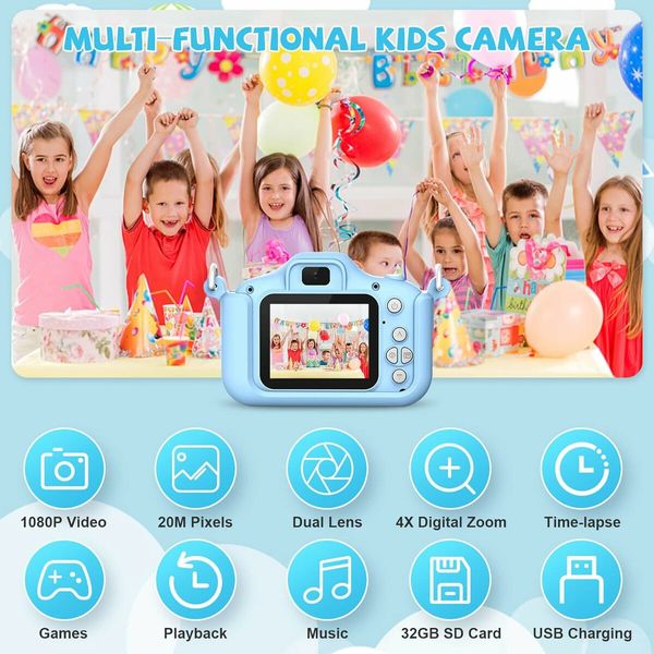 Kids Camera for Girls/Boys, Portable Selfie Toy Camera for Kids Ages 3-12, 20MP 1080P HD Digital Video Camera with 32GB SD Card for Kids, Birthday Christmas Festival Gifts (Blue)