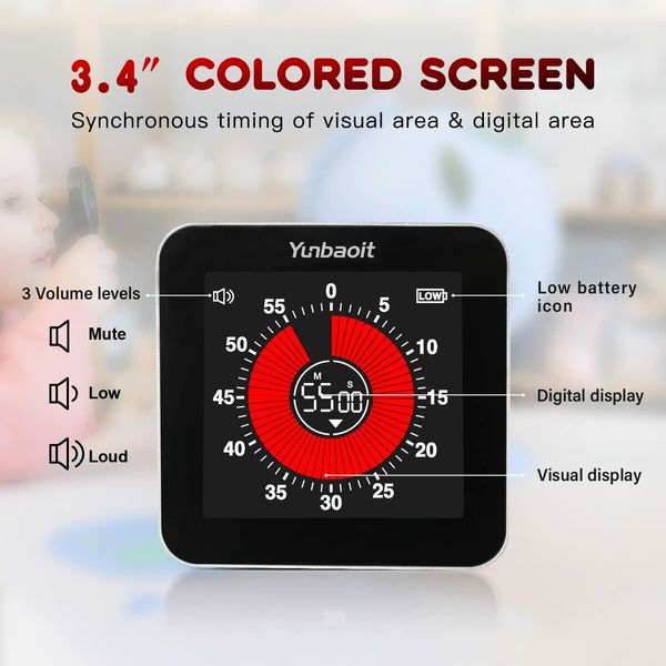 Pro Digital Rechargeable Visual Timer with 3.4 Inches Colored Screen, Countdown up Timer for Kids or Adults,