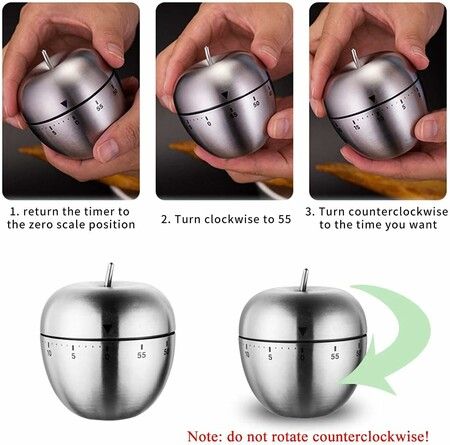 Apple Kitchen Timer Stainless Steel Mechanical Rotating 60 Minute Alarm Timer Count Down Timer for Learning, Cooking