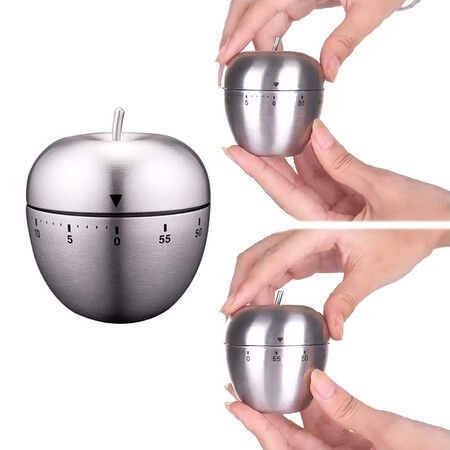 Apple Kitchen Timer Stainless Steel Mechanical Rotating 60 Minute Alarm Timer Count Down Timer for Learning, Cooking