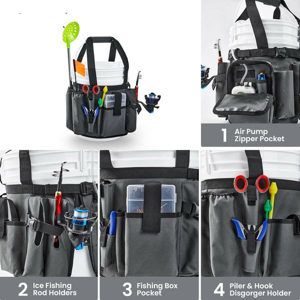 Fishing  Storage Bag OrganizerAdjustable Bucket Tackle Bag with Plier Holder for 5-Gallon Bucket