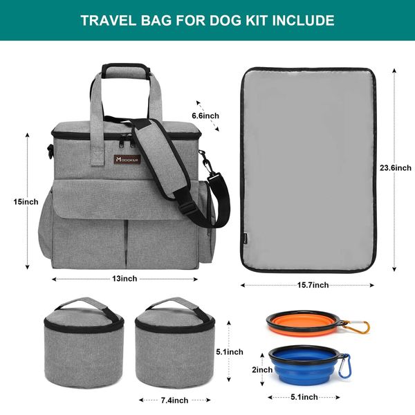 Dog Travel Bag Pet Travel Set Tote Organizer with Multi-Function Pockets, 2 Food Storage Containers, 2 Collapsible Bowls, 1 Feeding Mat (Grey)