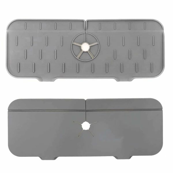 2PCS Kitchen Faucet Absorbent Mat, Sink Splash Guard, Silicone Sink Splash Catcher 37 x 14 cm (Gray)