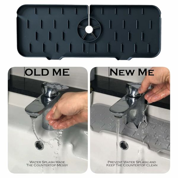 2PCS Kitchen Faucet Absorbent Mat, Sink Splash Guard, Silicone Sink Splash Catcher 37 x 14 cm (Gray)