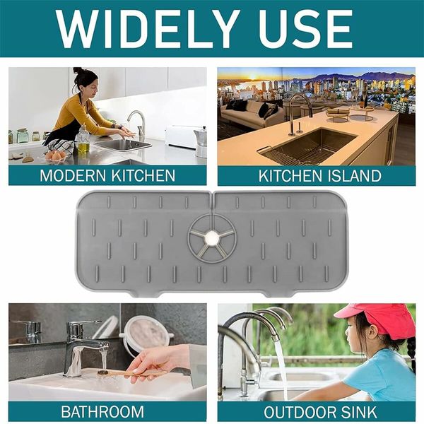 2PCS Kitchen Faucet Absorbent Mat, Sink Splash Guard, Silicone Sink Splash Catcher 37 x 14 cm (Gray)