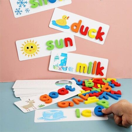 English Spelling Learning Toy Wooden ABC Alphabet Flash Cards Matching Shape Letter Games Montessori Preschool STEM Educational Toys for Toddler Kids