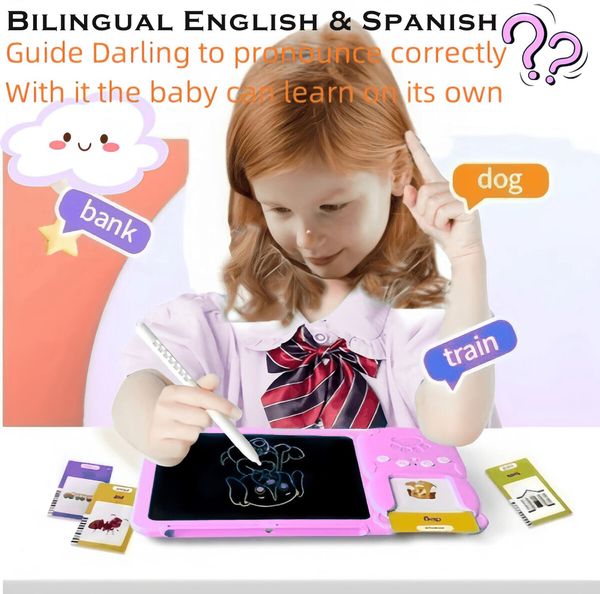 Pink - Bilingual Spanish English  - 2 in 1 Talking Flash Cards Writing Tablet Speech Toy, 510 Sight Words ABC 123 Alphabet Numbers Montessori Toy