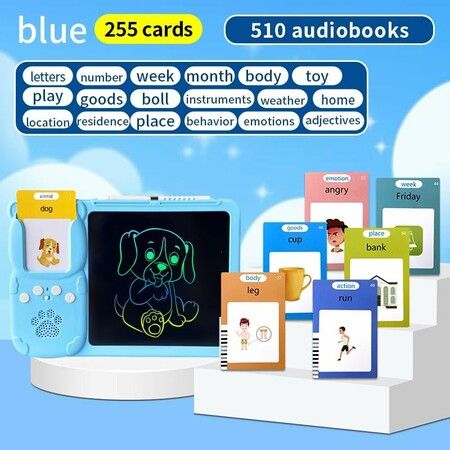 BLue - Bilingual Spanish English  - 2 in 1 Talking Flash Cards Writing Tablet Speech Toy, 510 Sight Words ABC 123 Alphabet Numbers Montessori Toy