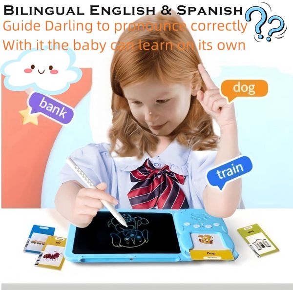 BLue - Bilingual Spanish English  - 2 in 1 Talking Flash Cards Writing Tablet Speech Toy, 510 Sight Words ABC 123 Alphabet Numbers Montessori Toy