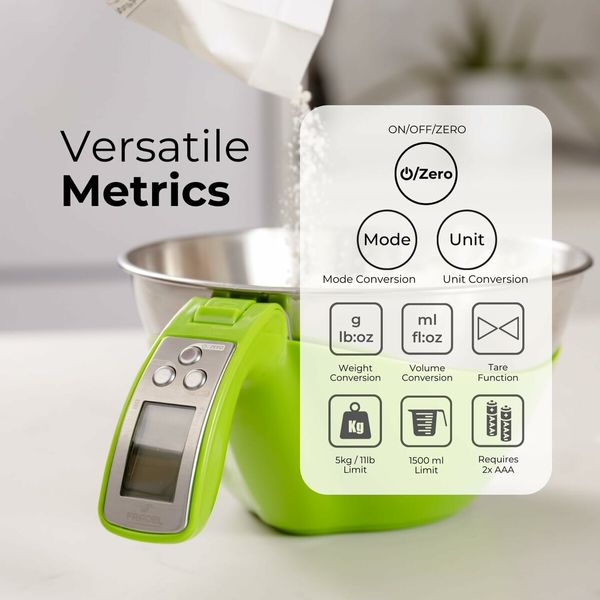 Digital Kitchen Food Scale with Bowl (Removable) and Measuring Cup, 11lbs Capacity (Green)