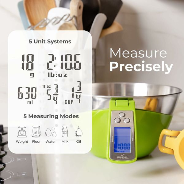 Digital Kitchen Food Scale with Bowl (Removable) and Measuring Cup, 11lbs Capacity (Green)