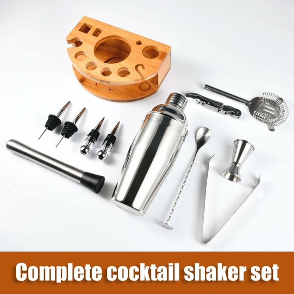 Bartender Kit with Stylish Bamboo Stand,12 Piece 25oz Cocktail Shaker Set for Mixed Drink,Professional Stainless Steel Bar Tool Set,Gift for Man Dad- Cocktail Recipes Booklet