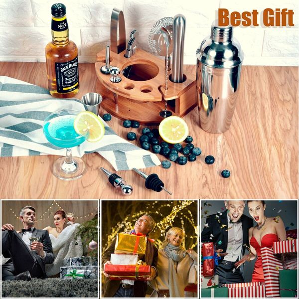 Bartender Kit with Stylish Bamboo Stand,12 Piece 25oz Cocktail Shaker Set for Mixed Drink,Professional Stainless Steel Bar Tool Set,Gift for Man Dad- Cocktail Recipes Booklet