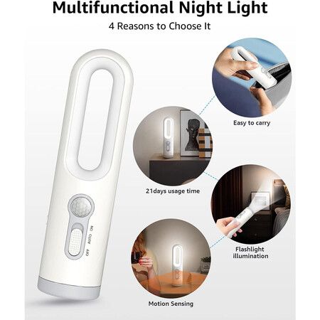 Rechargeable Night Light with Motion Sensor 2 in 1, Portable LED Night Light Flashlight with Dusk to Dawn Sensor for Bedroom, Bathroom,Toilet, Reading, Camping