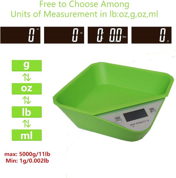 Digital Kitchen Food Scale Multifunction Electronic Food Scales with Removable Bowl Max 11lb/5kg(Green)