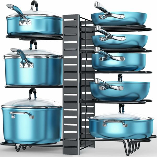 Pots and Pans Organizer for Cabinet, 8 Tier Pot Rack with 3 DIY Methods, Adjustable Pan Organizer Rack for Cabinet, Pot Organizer for Kitchen Organizers