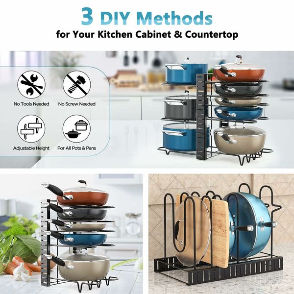 Pots and Pans Organizer for Cabinet, 8 Tier Pot Rack with 3 DIY Methods, Adjustable Pan Organizer Rack for Cabinet, Pot Organizer for Kitchen Organizers