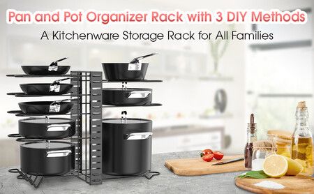 Pots and Pans Organizer for Cabinet, 8 Tier Pot Rack with 3 DIY Methods, Adjustable Pan Organizer Rack for Cabinet, Pot Organizer for Kitchen Organizers