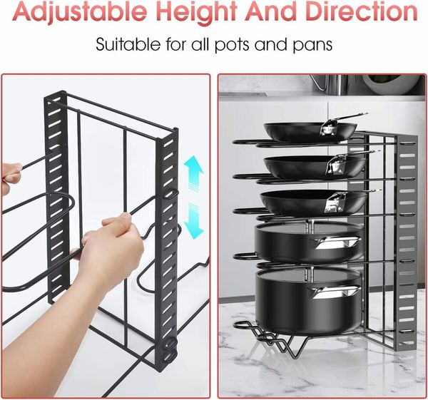 Pots and Pans Organizer for Cabinet, 8 Tier Pot Rack with 3 DIY Methods, Adjustable Pan Organizer Rack for Cabinet, Pot Organizer for Kitchen Organizers