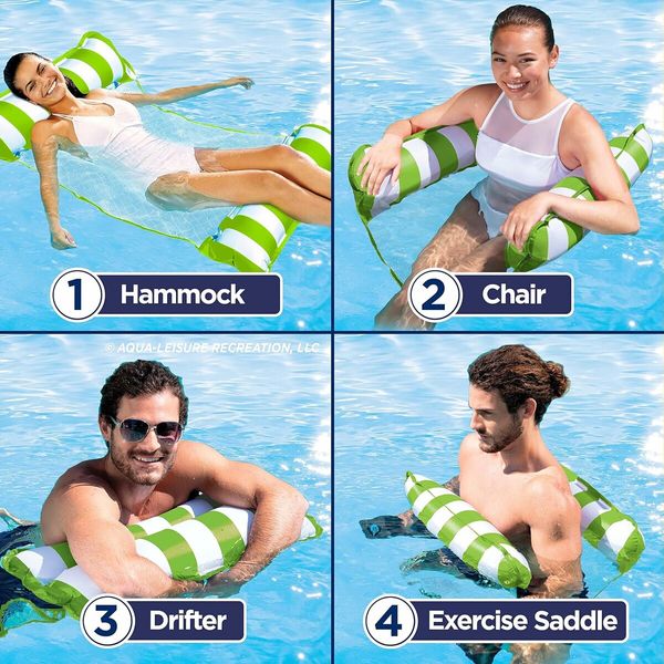 4 in 1 Monterey Hammock Pool Float and Water Hammock, Multi Purpose, Inflatable Pool Floats for Adults, PVC Material 120 x 65 cm Green