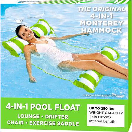 4 in 1 Monterey Hammock Pool Float and Water Hammock, Multi Purpose, Inflatable Pool Floats for Adults, PVC Material 120 x 65 cm Green