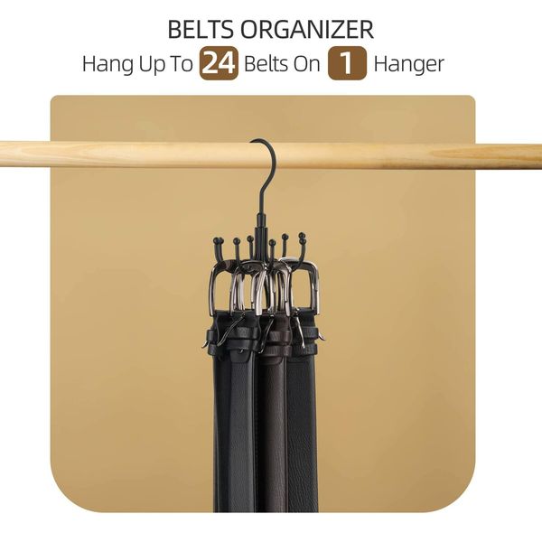 2 Pack Belt Hanger Closet Accessories Organizer 24 Storage Capacity, Hanging Holder Storage Hook for Belt Tie Clothes Bags Hats(Black）