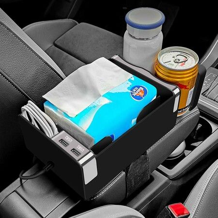 2-in-1 Car Armrest Box Tissue  Storage Box Car Adjustable Drink Holder Multifunctional Cup Holder with Two USB Charging Ports