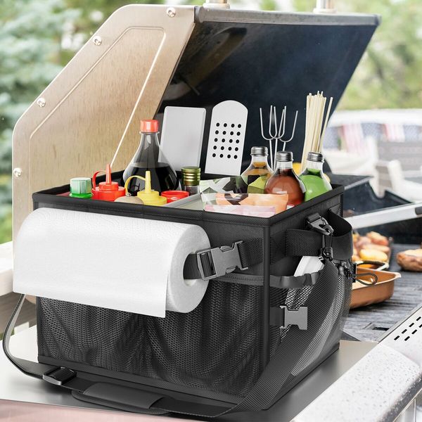 Foldable Picnic Bag BBQ Caddy with Paper Towel Holder for Outdoor Camping, Barbecue Accessories Storage Organizer for Utensil Grilling Tool