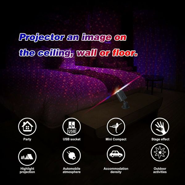 USB Star Projector Night Light, 3 Colors 9 Lighting Modes for Car Bedroom Party Ceiling (Blue and Red)