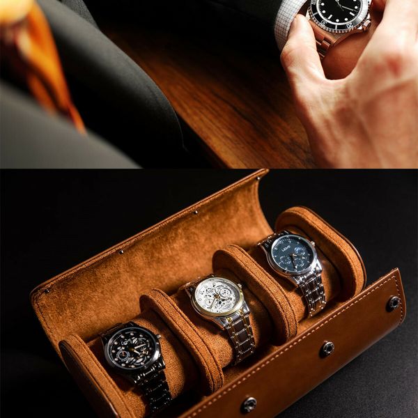 3 Watch Case for Men and Women, Watch Roll Travel Case - Storage Organizer and Display(Brown)