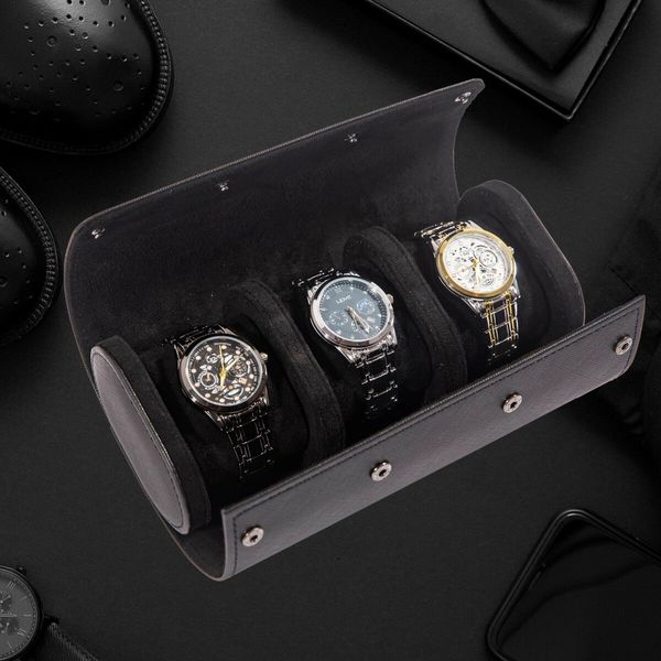 3 Watch Case for Men and Women, Watch Roll Travel Case - Storage Organizer and Display(Black)