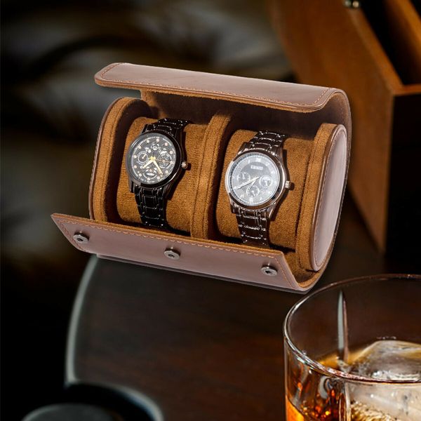 2 Watch Case for Men and Women, Watch Roll Travel Case - Storage Organizer and Display(Dark Brown)