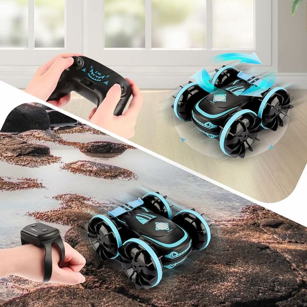 Amphibious Remote Control Car, 2.4Ghz 4WD Double Sided 360° Rotating RC Stunt Car, Remote Control Car with Gesture Sensor, Toy Cars Gifts for Kids Age 4+ Years Old and Up (Blue)