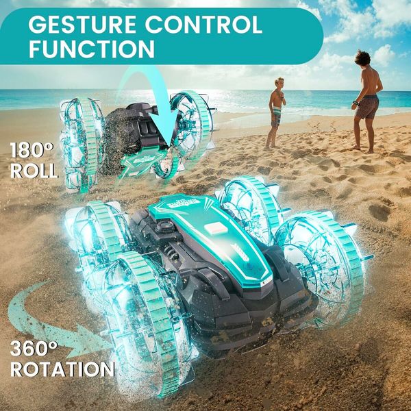 4WD Remote Control Car with Waterproof Remote Control, All Terrain RC Boat with LED Lights, Pool Toys for Kids Ages 8-12,Gifts for Boys and Girls (Green)