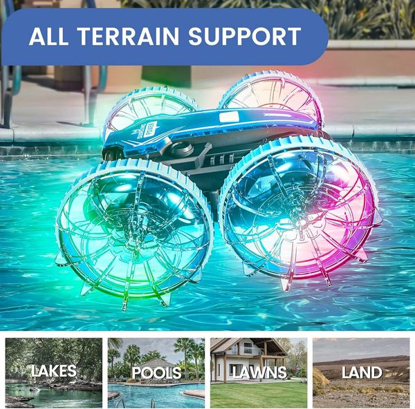 4WD Remote Control Car with Waterproof Remote Control, All Terrain RC Boat with LED Lights, Pool Toys for Kids Ages 8-12,Gifts for Boys and Girls (Blue)