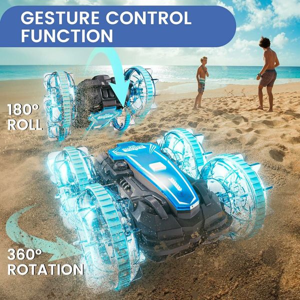 4WD Remote Control Car with Waterproof Remote Control, All Terrain RC Boat with LED Lights, Pool Toys for Kids Ages 8-12,Gifts for Boys and Girls (Blue)