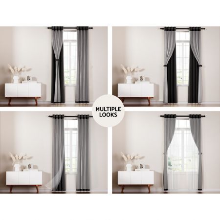 Artiss 2X 132x274cm Blockout Sheer Curtains Black