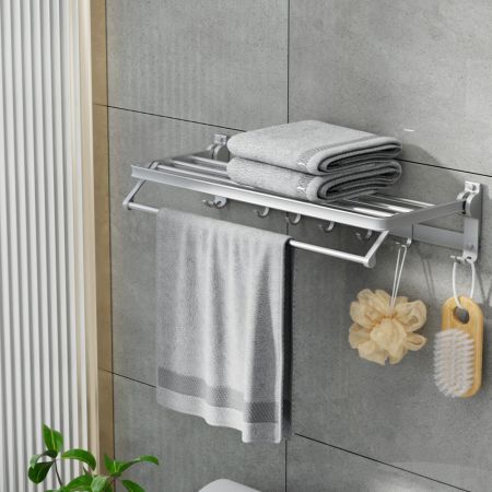 Towel Rail Rack Holder 4 Bars Wall Mounted Aluminium Foldable Hanging Hook