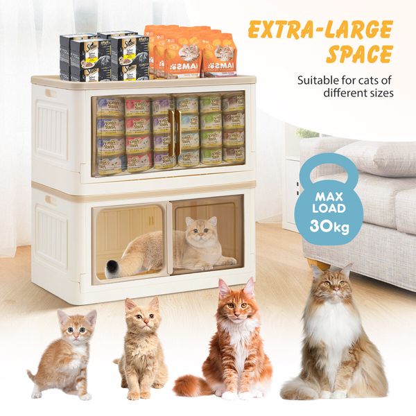 Cat Litter Box Tray Enclosure 3 in 1 Bed House Kitty Cave Storage Cabinet Toilet Villa Condo Furniture Stackable Foldable Khaki