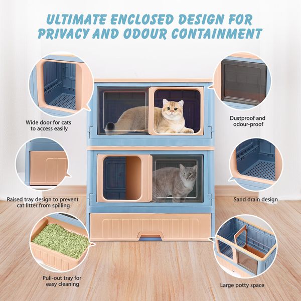 Cat Litter Box Tray 2 in 1 Kitty Enclosure House Bed Cave Toilet Villa Cabinet Condo Furniture Stackable Foldable Blue Pink