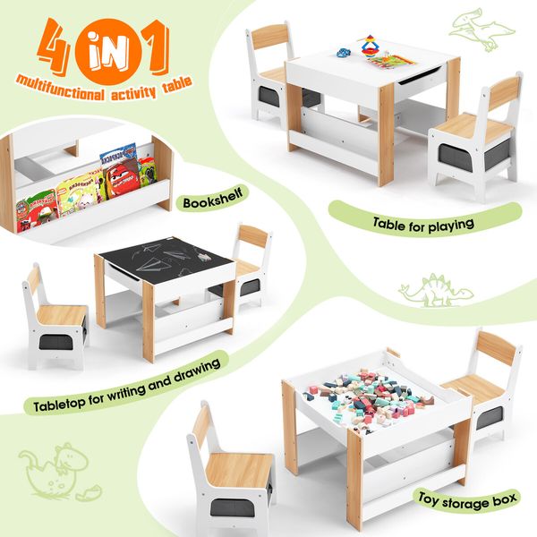 4 IN 1 Kids Table and Chairs Set Childrens Activity Centre Picnic Play Study Furniture Indoor Outdoor Drawing Art Gaming Craft Book Storage Desk