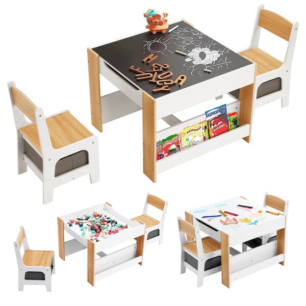 4 IN 1 Kids Table and Chairs Set Childrens Activity Centre Picnic Play Study Furniture Indoor Outdoor Drawing Art Gaming Craft Book Storage Desk