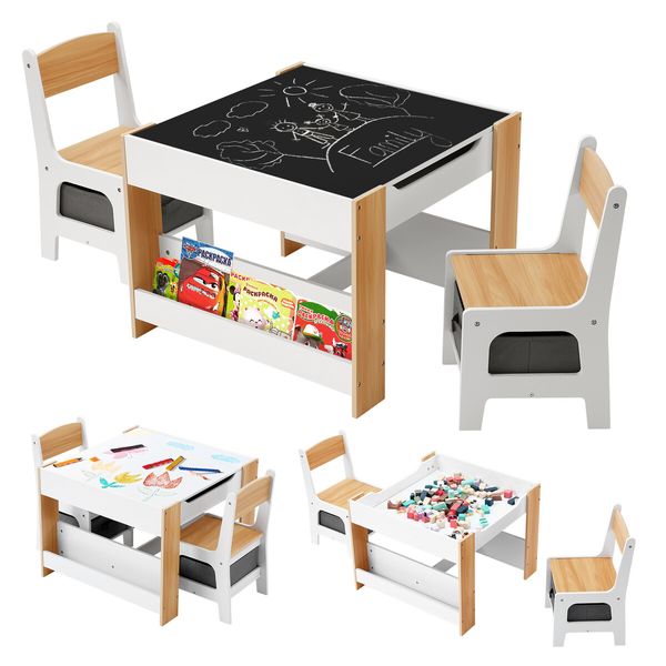 4 IN 1 Kids Table and Chairs Set Childrens Activity Centre Picnic Play Study Furniture Indoor Outdoor Drawing Art Gaming Craft Book Storage Desk