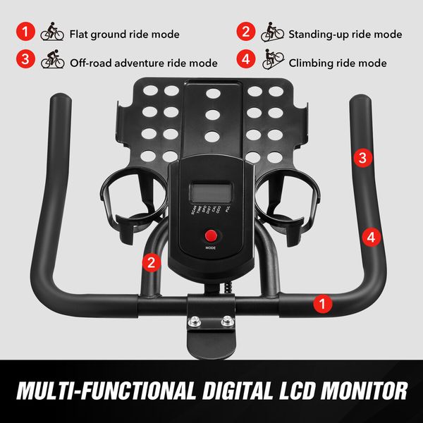 Fitness Spin Bike Stationary Bicycle Workout Indoor Cycling Home Gym Exercise Cardio Trainer Adjustable Belt Drive Phone Holder LCD Monitor