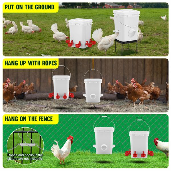 Chicken Bird Feeder Waterer Set Auto Food Water Dispenser Automatic Chick Poultry Chook Drinker Cup Gravity Fed Feeding Drinking System 20L with Stand