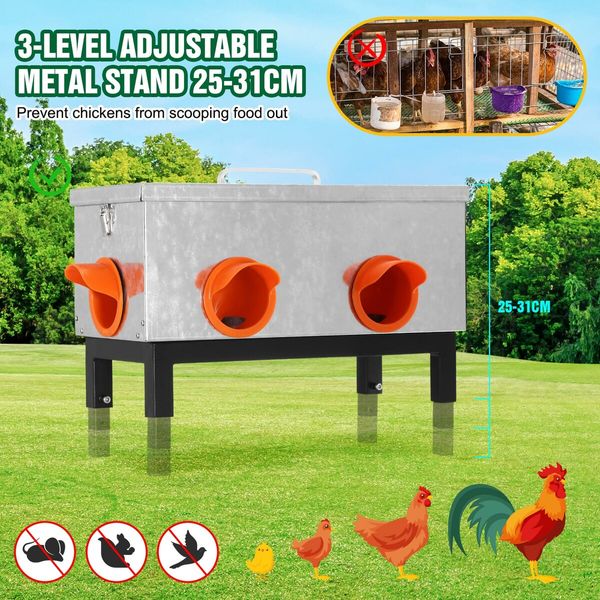 Auto Chicken Feeder 13L Automatic Coop Chook Hen Poultry Food Dispenser 4 Feeding Port Gravity Fed Waterproof Galvanized Steel Adjustable Stand