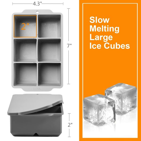 Large Ice Cube Tray with Lid,Stackable Big Silicone Square Ice Cube Mold for Whiskey Cocktails Bourbon Soups Frozen Treats,Easy Release BPA Free (Grey,4Pack)