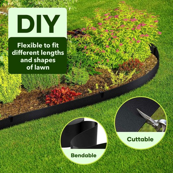 30mx15cm Garden Edging Lawn Border Landscape Edge Flexible DIY Fence Barrier Path Driveway Plant Grass Flower Bed Support Plastic Roll Kit