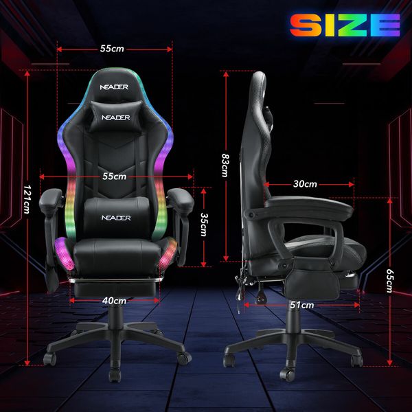 Gaming Office Chair Massage High Back RGB LED Armchair Executive Computer Racing Desk PU Leather Footrest Headrest Recliner Work Study Black