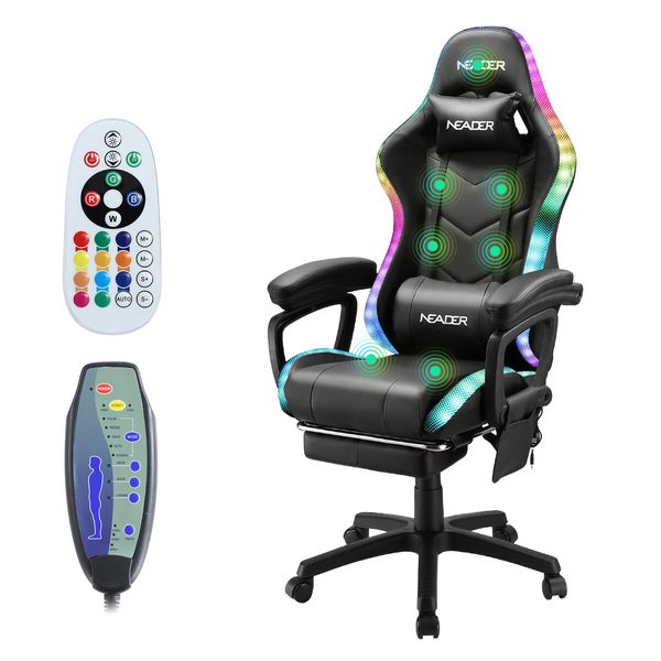 Gaming Office Chair Massage High Back RGB LED Armchair Executive Computer Racing Desk PU Leather Footrest Headrest Recliner Work Study Black